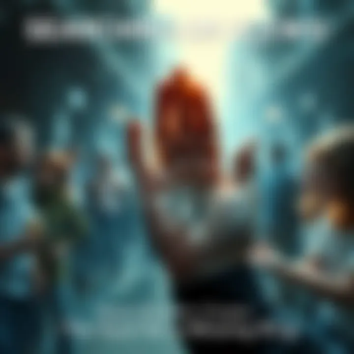 Searching for a Missing Ring A person holds a hand with a missing ring, surrounded by community members offering help and suggestions for the search.