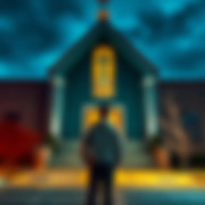 A person standing outside a modern church building looking confused and contemplative, reflecting on their search for a genuine community.