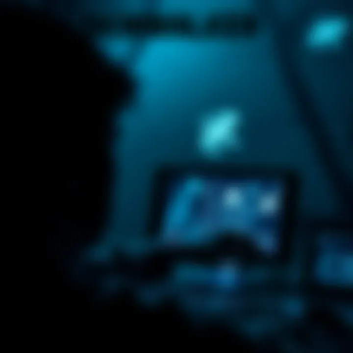 A person looking at a screen while searching for skinwalker footage, with a dark, eerie background.