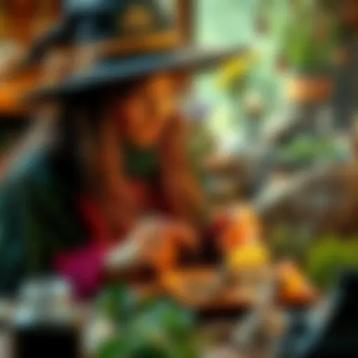 A seasoned witch surrounded by herbs and crystals, focusing on her spell work with confidence