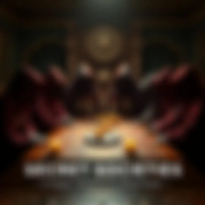 A group of people in cloaks gathered around a table with symbols and candles, discussing in secrecy.