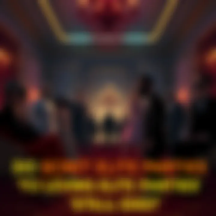 Secret Elite Party Scene A mysterious gathering with masked figures in elegant attire, set in a dimly lit, luxurious room.
