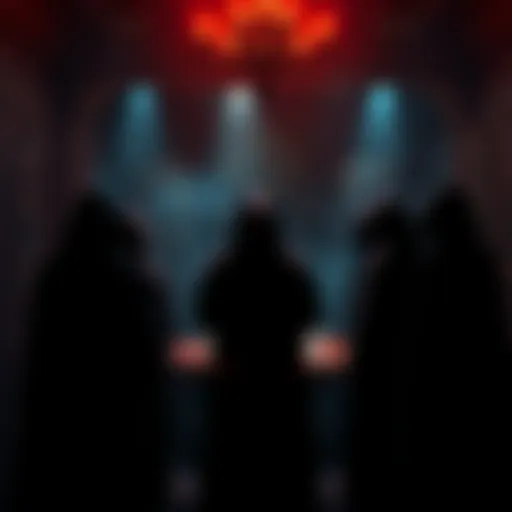 A shadowy gathering of individuals in cloaks, discussing dark secrets in a dimly lit room.