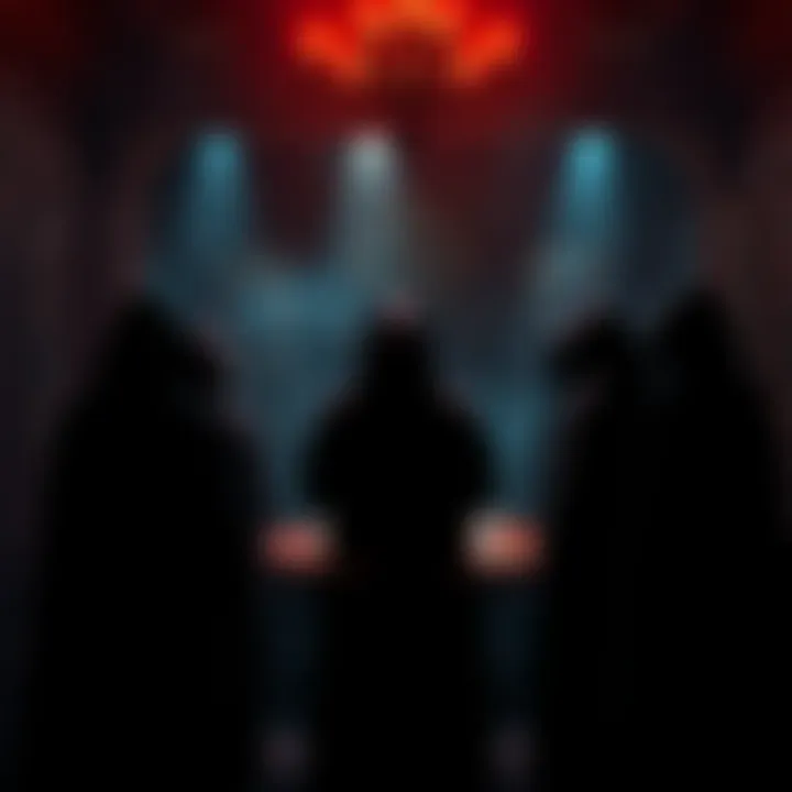 A shadowy gathering of individuals in cloaks, discussing dark secrets in a dimly lit room.
