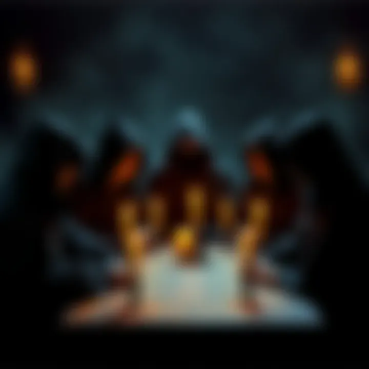 Group discussing secret society rituals A group of people in cloaks gathered around a table with candles, engaged in a discussion about secret society rituals. The setting is dimly lit, creating an atmosphere of intrigue.