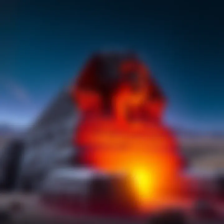 An illustration of the Sphinx with a glowing entrance below it, representing the rumored hidden chamber, set against a desert backdrop