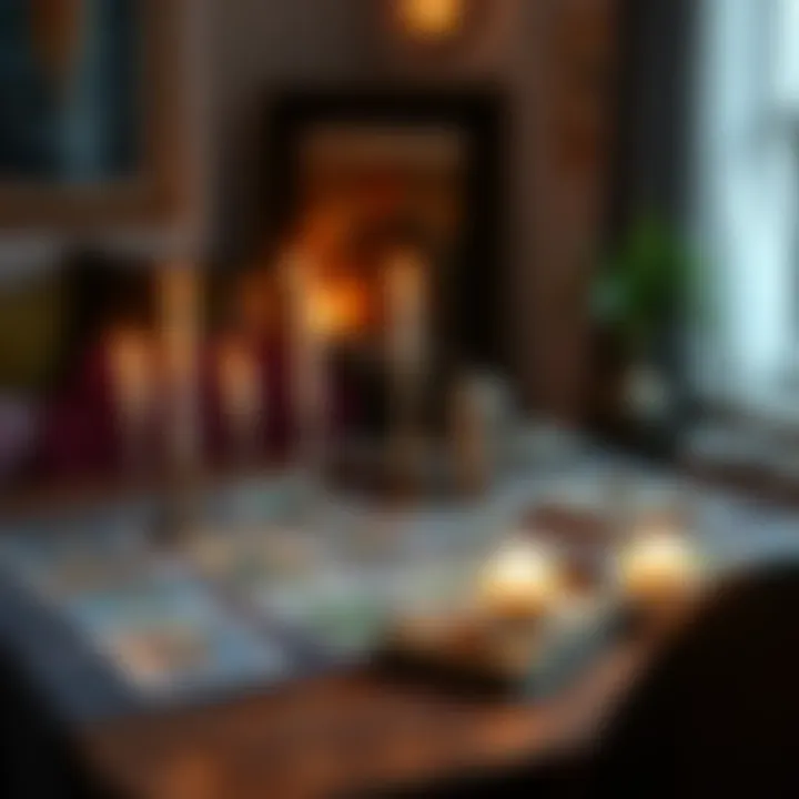 A cozy table with tarot cards spread out, candles lit, and a welcoming atmosphere for readings
