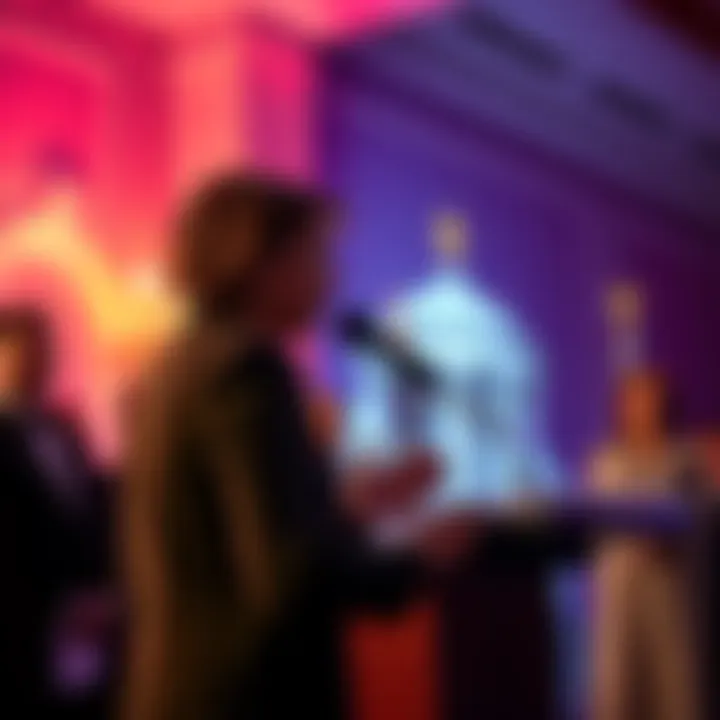 Security breach at White House event A woman speaking at a podium, discussing a shooting incident at the White House Correspondence Dinner, with concerned guests in the background.