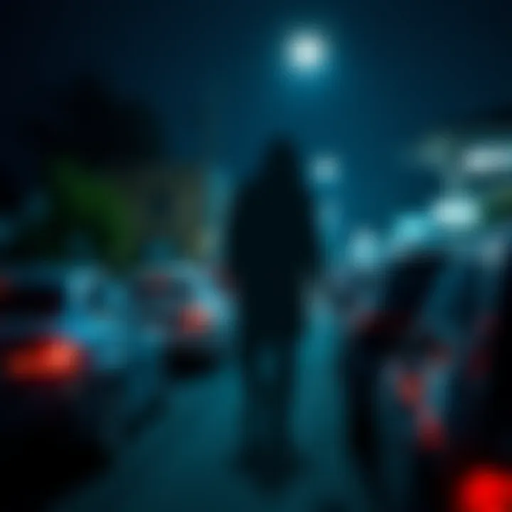A dark shadow appears on parked cars at night, as seen from a security camera.