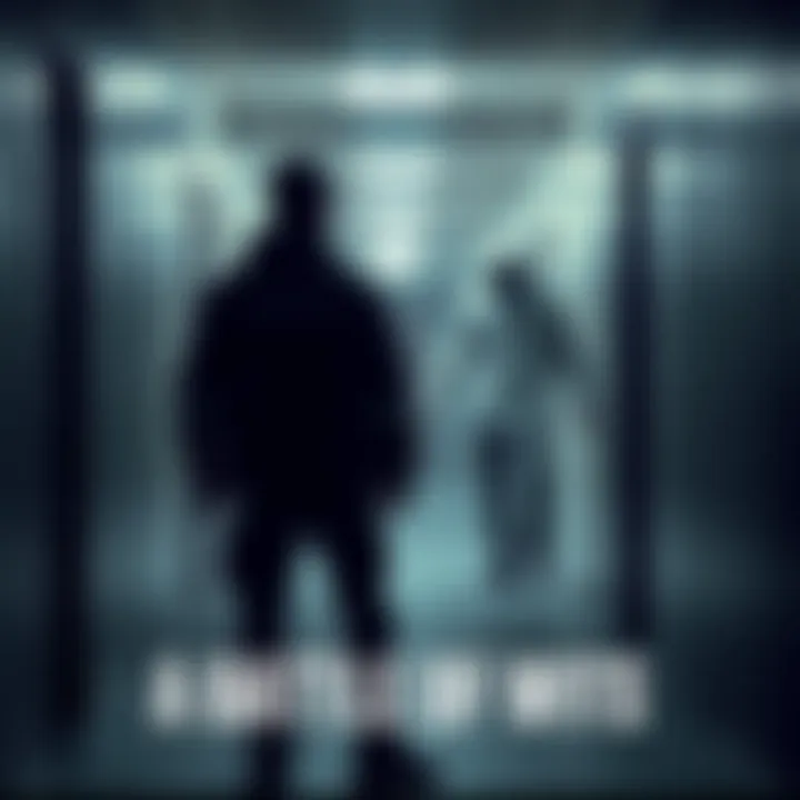 A security guard standing firm as a ghostly figure looms in a dimly lit hallway, showcasing a tense standoff.