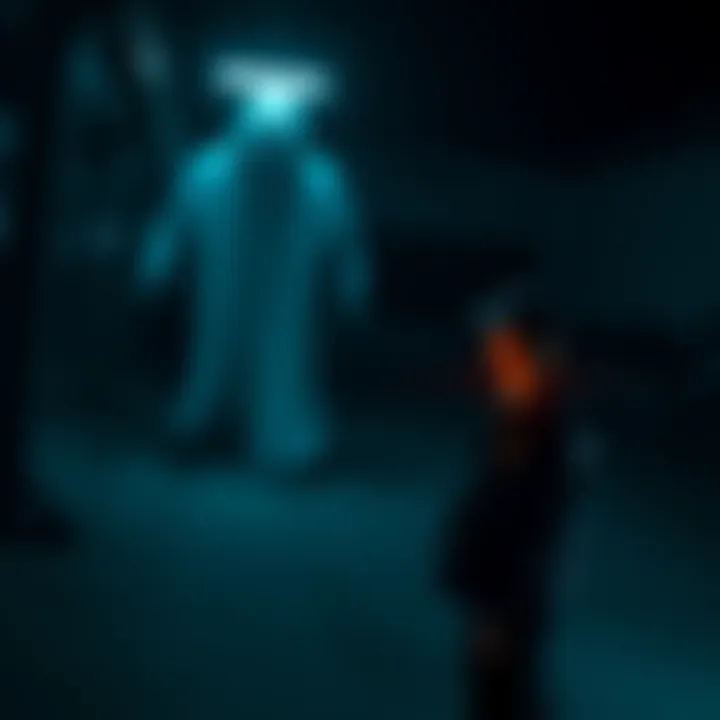 A security guard stands in a dark environment, startled by a ghostly figure appearing in the shadows.