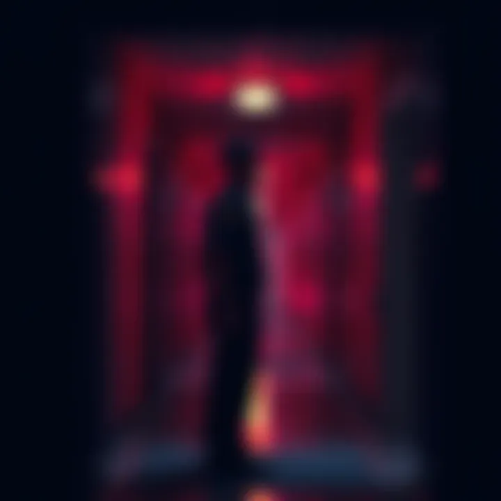 A security guard stands nervously in a dark hallway with flickering lights, looking over his shoulder as if sensing a presence behind him.