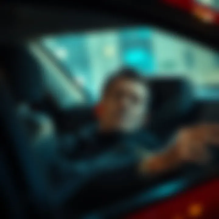 Exhausted security guard sitting in a parked car, eyes closed, with a distressed expression as strange noises surround him