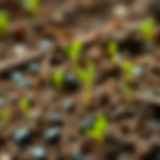 Close-up of seeds germinating in soil with small green sprouts emerging