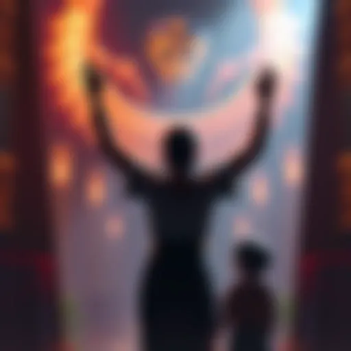 A person standing with their arms raised in a protective gesture, surrounded by symbols of Sekhmet, while a frightened child looks on.