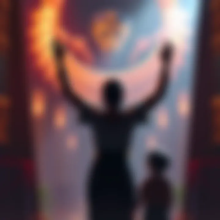 A person standing with their arms raised in a protective gesture, surrounded by symbols of Sekhmet, while a frightened child looks on.