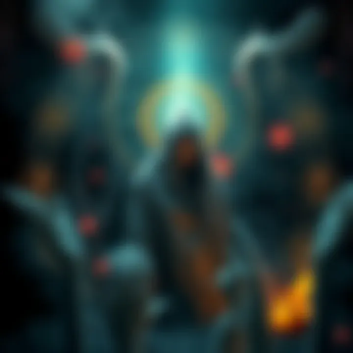 A representation of Seere, depicted as a figure surrounded by symbols of spirit communication, with a dark, mystical background