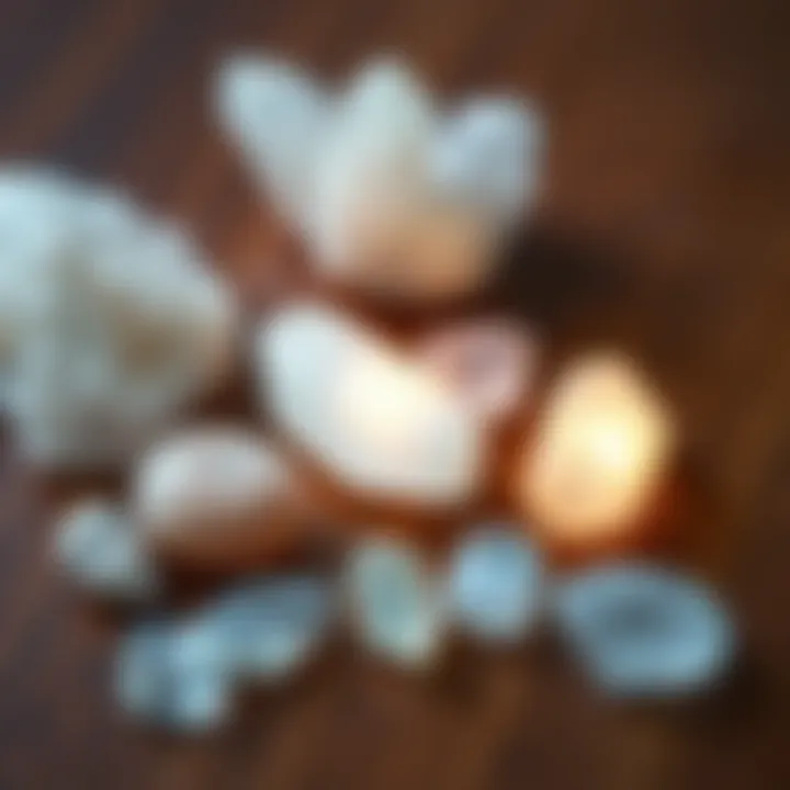 A collection of selenite and moonstone crystals on a wooden surface with soft lighting. Selenite glows with a white shine, while moonstone reflects soft blue and white hues.