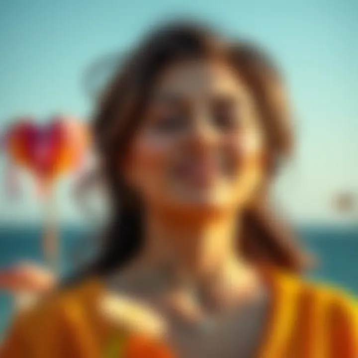 Woman embracing self-love A woman with a peaceful expression practices self-love in a serene environment, symbolizing the Divine Feminine and healthy relationships.