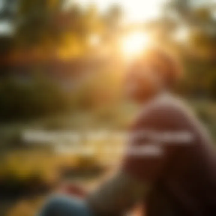 A person sitting in a serene setting, smiling while reflecting on their blessings. Bright sunlight filters through trees, creating a warm atmosphere.