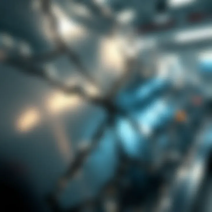 A close-up view of a shiny, metallic material with visible cracks slowly mending themselves, symbolizing the self-repairing properties of the alien metal. The background shows a laboratory setting wit...