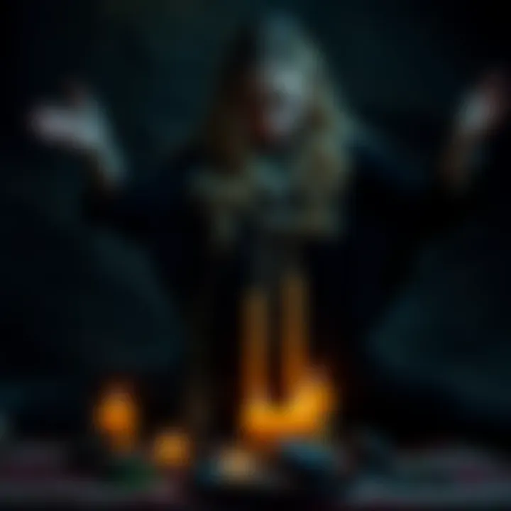 A person practicing self-care by meditating with candles and herbs, symbolizing an offering to Hecate, surrounded by a dark and mystical atmosphere.