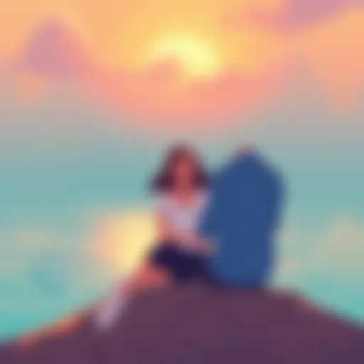 A serene scene of a person sitting peacefully, reflecting on themselves with a gentle smile, representing self-love during separation.