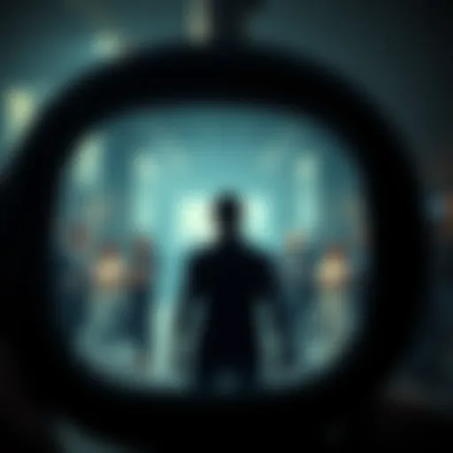 A shadowy figure representing self-deception stands in a mirror, reflecting a distorted image of a person. The background shows a competitive social scene with various people engaged in different roles.