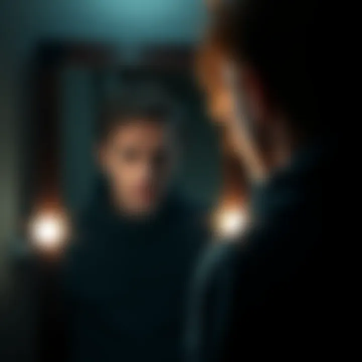 A person looking in the mirror with a sad expression A person stands in front of a mirror, looking downcast and reflective, symbolizing struggles with self-image and insecurities.