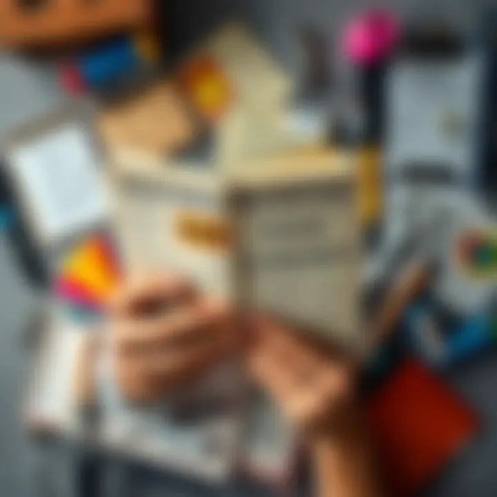 A person holding a book on self-improvement, surrounded by motivational notes and tools for enhancing self-image.