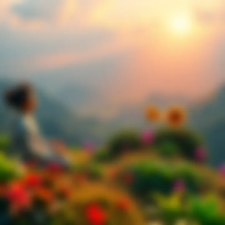 A tranquil scene capturing the essence of meditation and self-inquiry, with a figure surrounded by lush greenery and subtle hints of psychedelic colors.