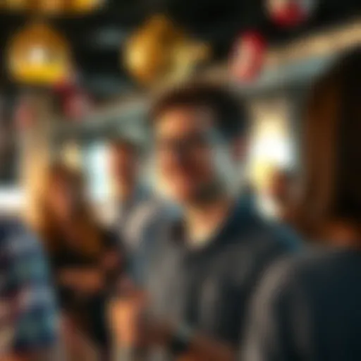 A person confidently introducing themselves in a social setting, smiling and making eye contact with others.