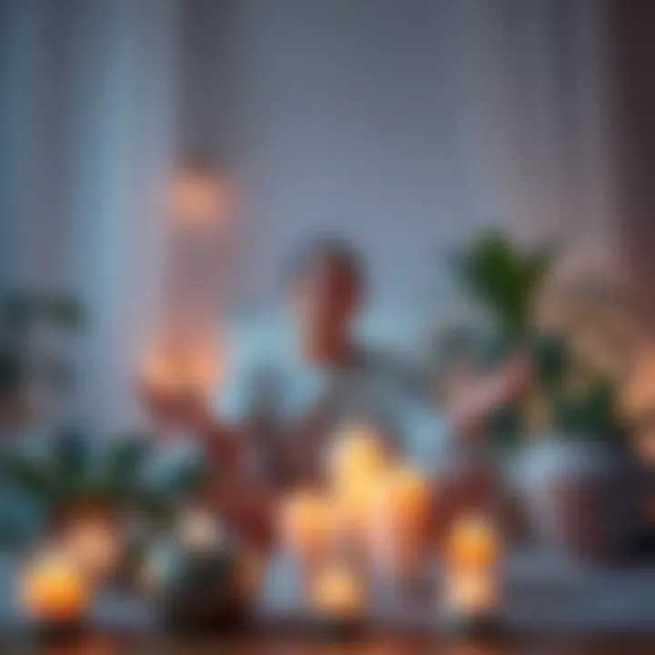 A serene scene of a person practicing self-love with soothing candles and plants around them