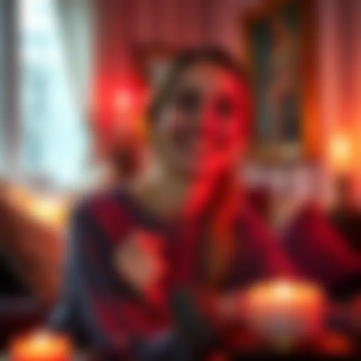 A person smiling confidently in a cozy, warm-lit room, surrounded by candles and crystals, reflecting self-love and positivity after a heartbreak.