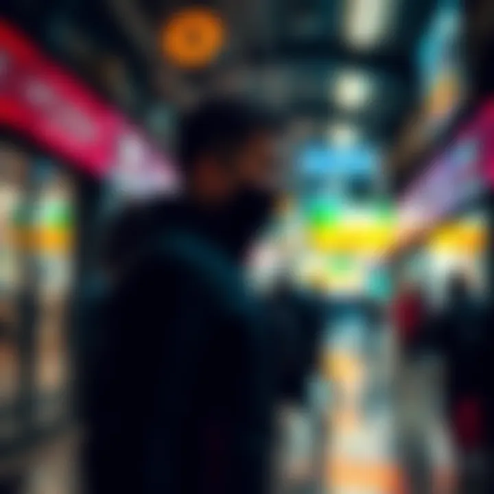 A person using simple self-protection methods in a busy environment, showing calm and focus while maintaining discretion.