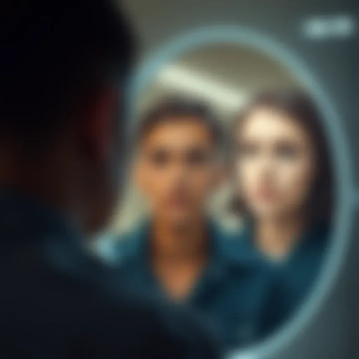 A person comparing their current face with a photo of their desired appearance, looking thoughtfully at a mirror.