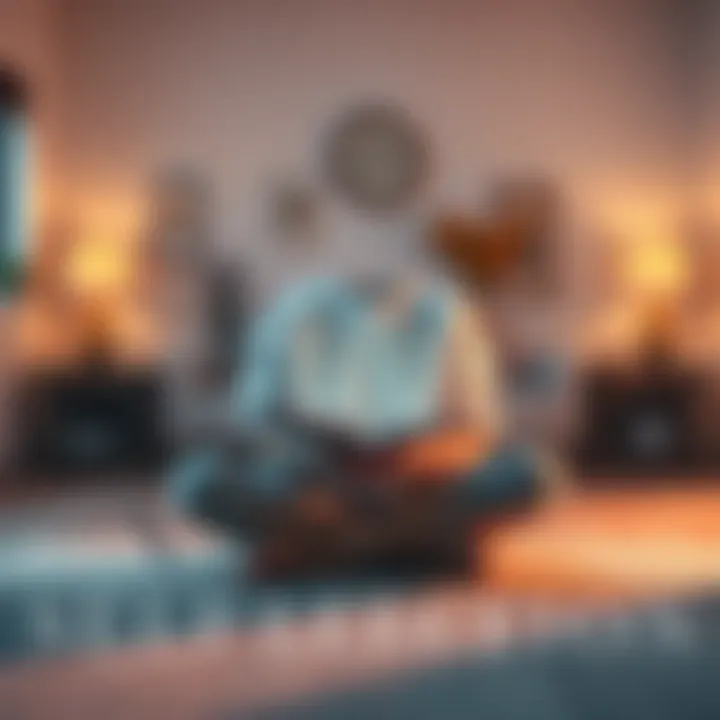 A person sitting cross-legged on a mat with a journal, reflecting on their thoughts and feelings in a peaceful room.