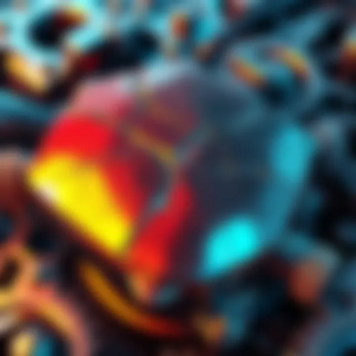 An illustration of a shiny metallic substance with visible cracks repairing itself, surrounded by gears and high-tech gadgets.