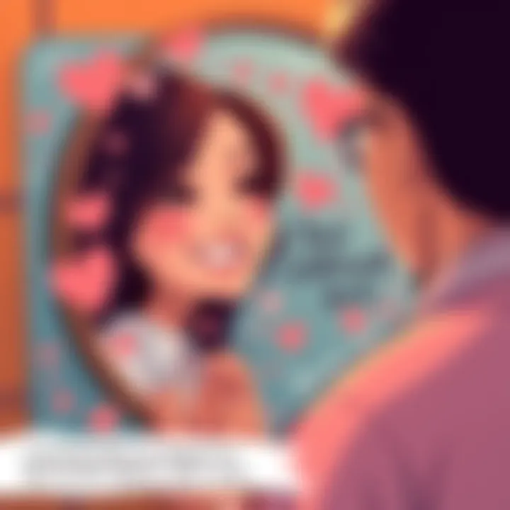 A person looking in the mirror with a smile, surrounded by hearts and positive words.