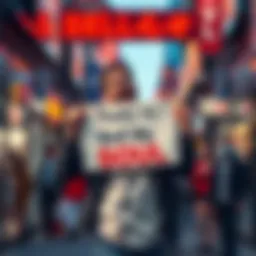Individual excitedly holding a sign that reads 'Sell My Soul' with a hopeful expression, standing in a busy street.
