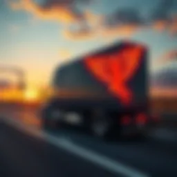A semi-truck with an angel symbol painted on its side, parked on the highway during sunset.