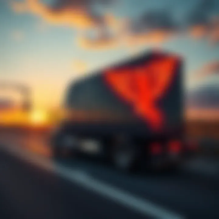 A semi-truck with an angel symbol painted on its side, parked on the highway during sunset.