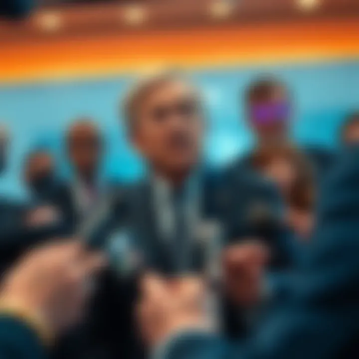 Senator Babet speaking at a press conference about a controversial alien hybrid program, with reporters listening intently