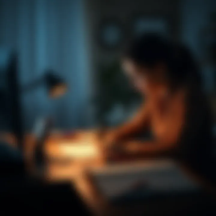 A person sitting at a desk, writing a heartfelt letter to their ex, looking contemplative and emotional.