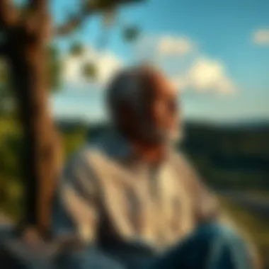 A 67-year-old man sitting quietly, looking thoughtful, with nature in the background, contemplating life and spirituality.