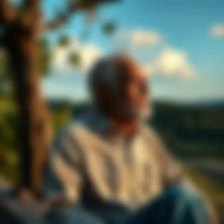 Senior man reflecting on life A 67-year-old man sitting quietly, looking thoughtful, with nature in the background, contemplating life and spirituality.