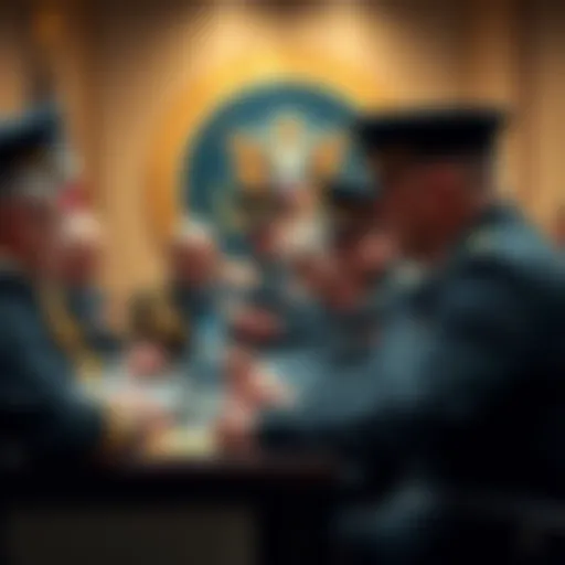 A group of senior military officials gathered for a historic meeting in the United States, showcasing leaders from various branches in discussion.