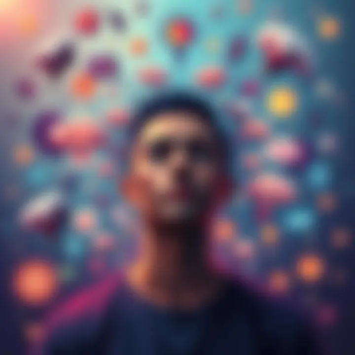 A person surrounded by abstract representations of thoughts and emotions, symbolizing the concept of sentience and consciousness.