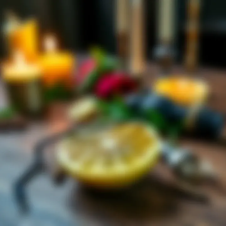 A lemon and black thread used in a separation spell, placed on a wooden table with candles and herbs around them