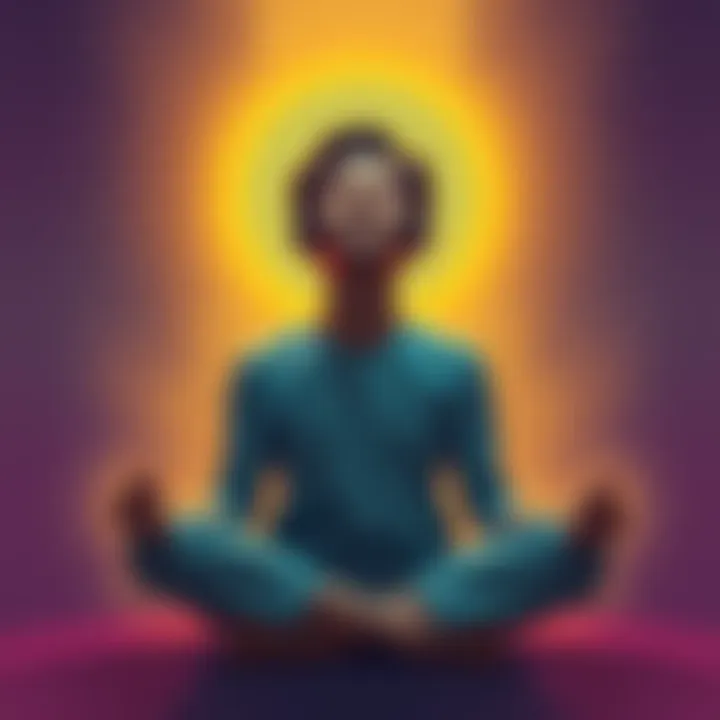 A person sitting cross-legged with eyes closed, experiencing relaxation while listening to Septasync's Tape 1, showing signs of calmness with a slight smile, and a subtle glow around the forehead area.